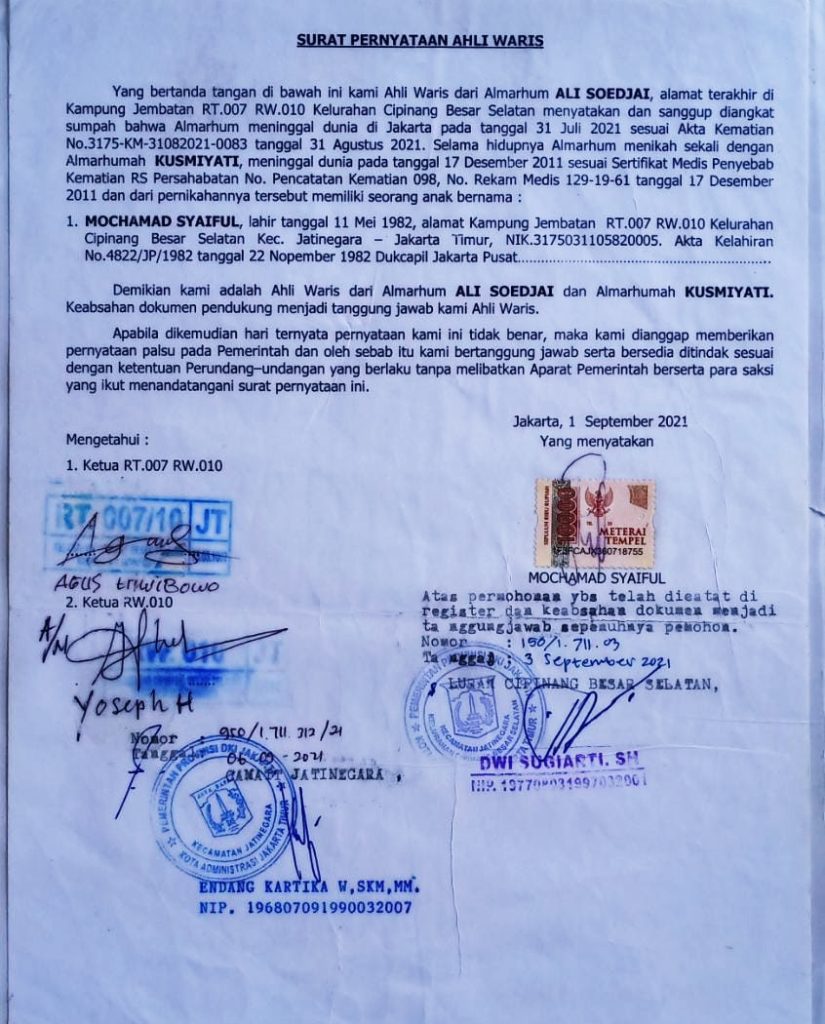 Kasus Ahli Waris Mochamad Syaiful  