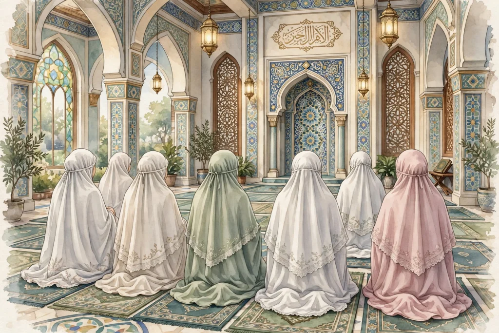 Ilustrasi Wanita Sholat di Masjid